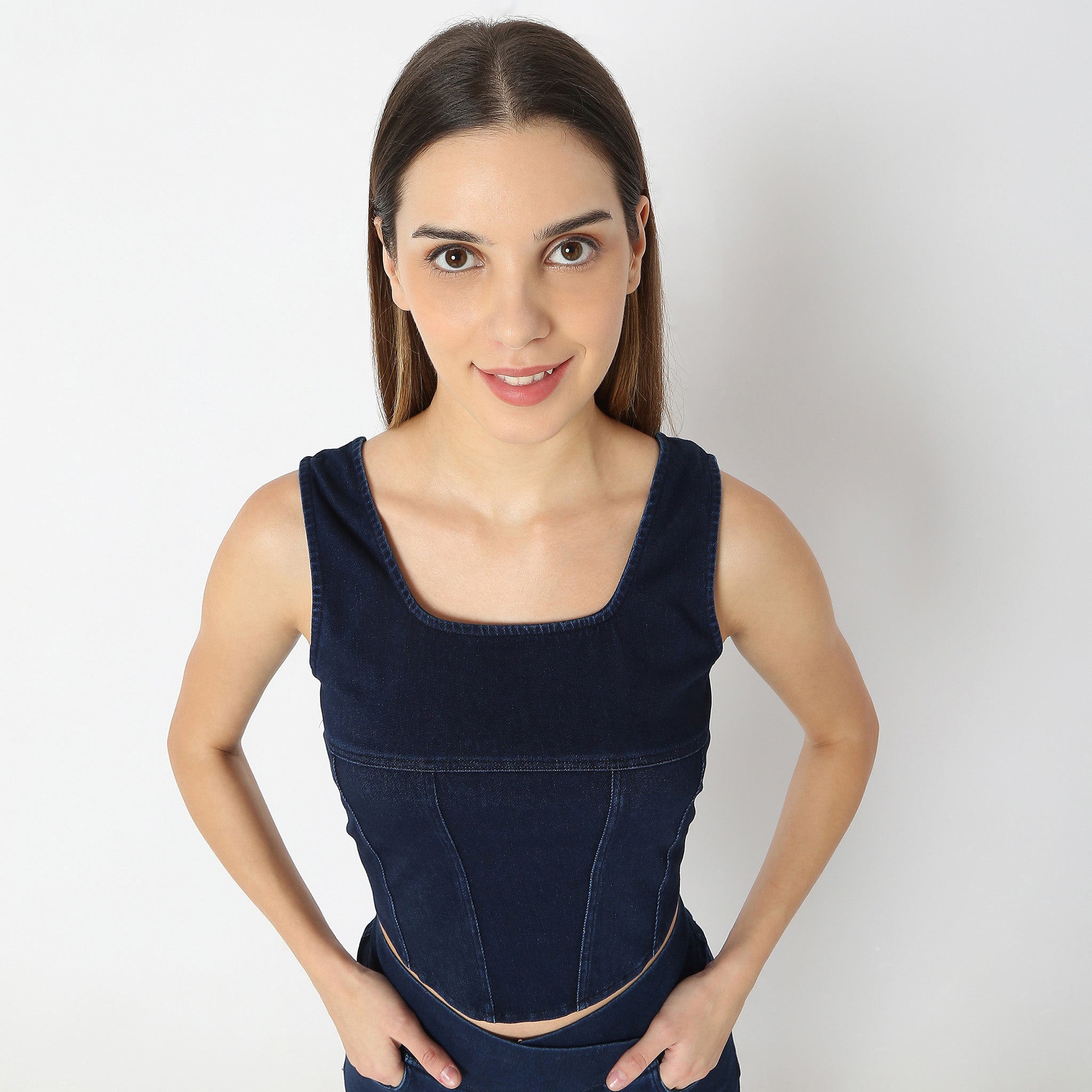 Solid Cropped Square Neck Denim Crop Top