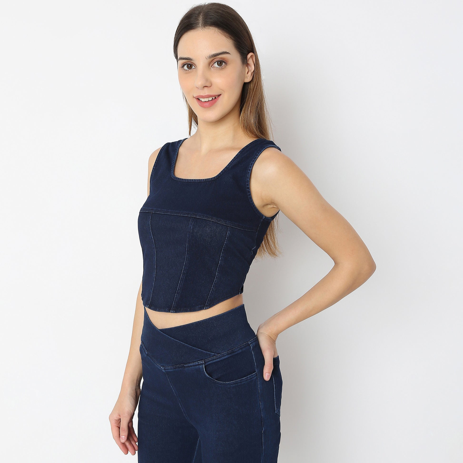 Solid Cropped Square Neck Denim Crop Top