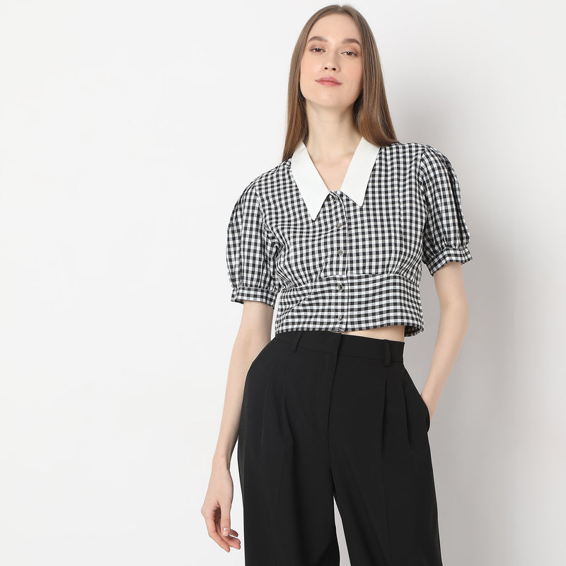 Checkered Gingham White Collar Puff Sleeve Crop Top