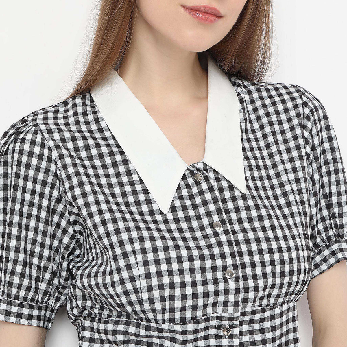 Checkered Gingham White Collar Puff Sleeve Crop Top