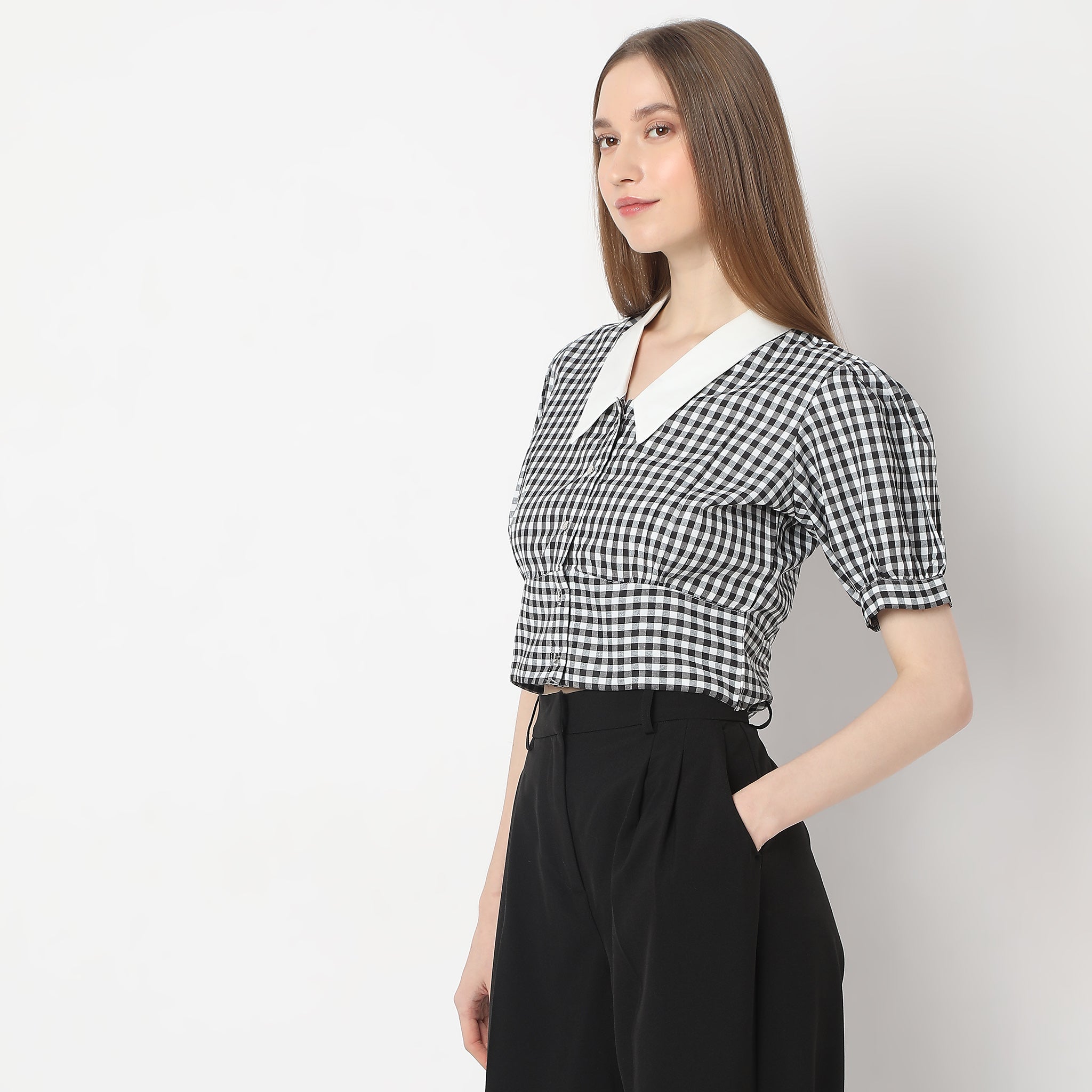 Checkered Gingham White Collar Puff Sleeve Crop Top – Style Union