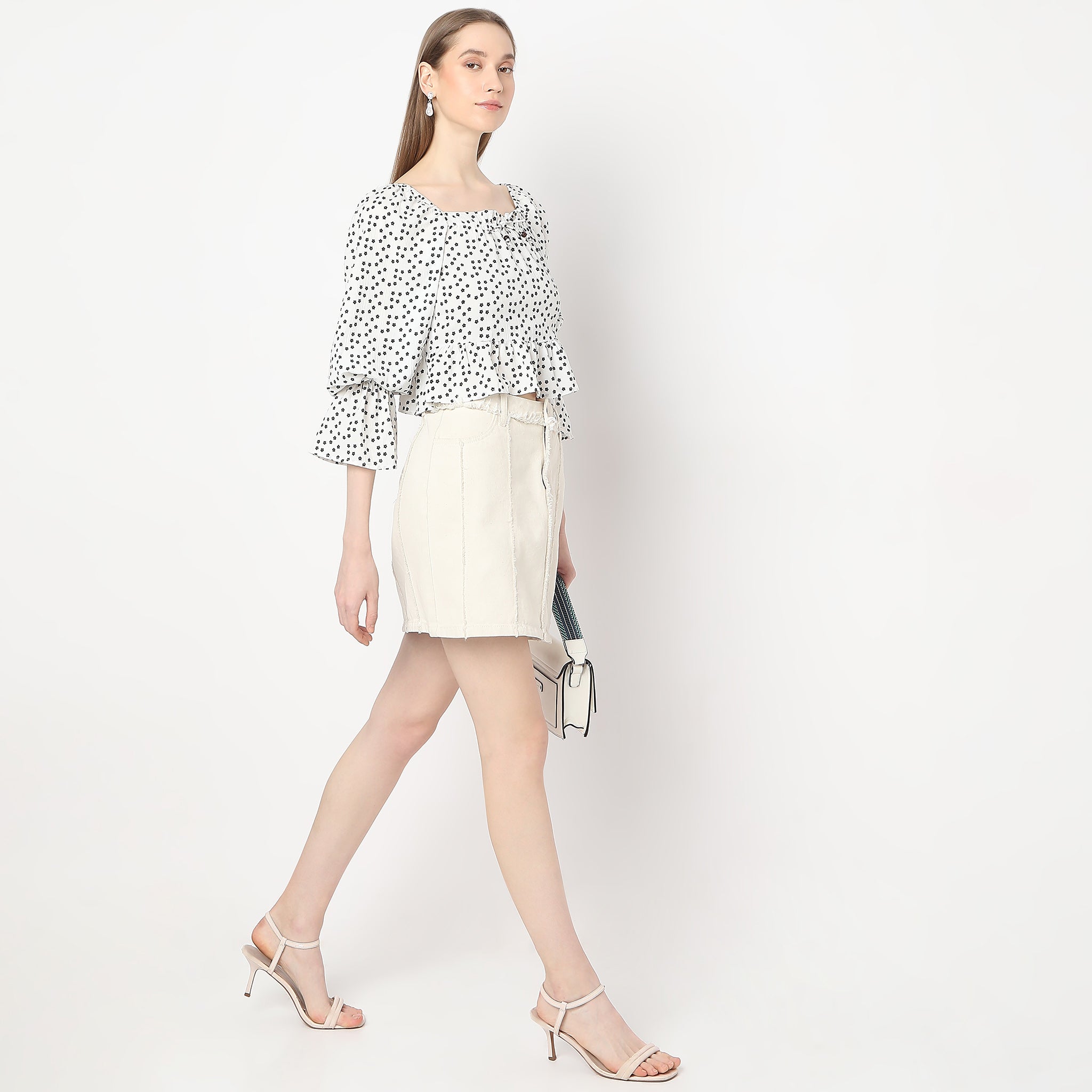 Floral Print Square Neck Poet Style Sleeve Crop Top