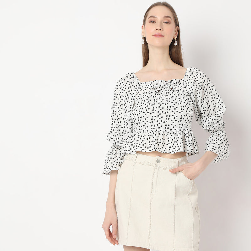 Floral Print Square Neck Poet Style Sleeve Crop Top