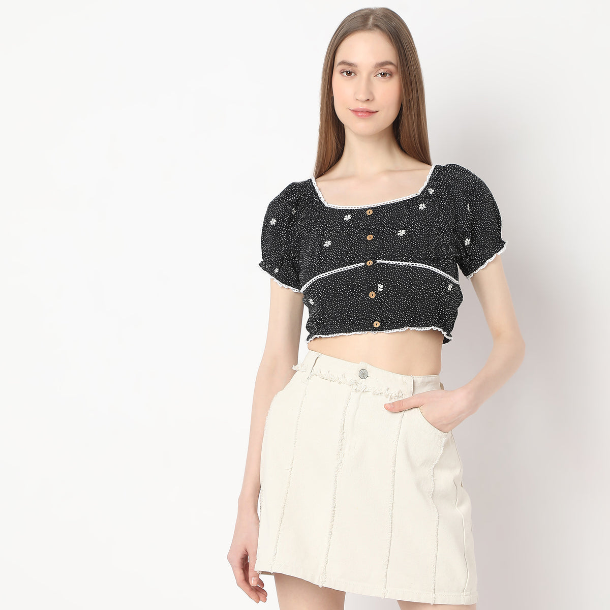 Printed Cropped Puff Sleeve Smock Crop Top