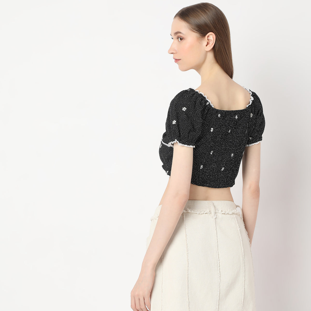 Printed Cropped Puff Sleeve Smock Crop Top