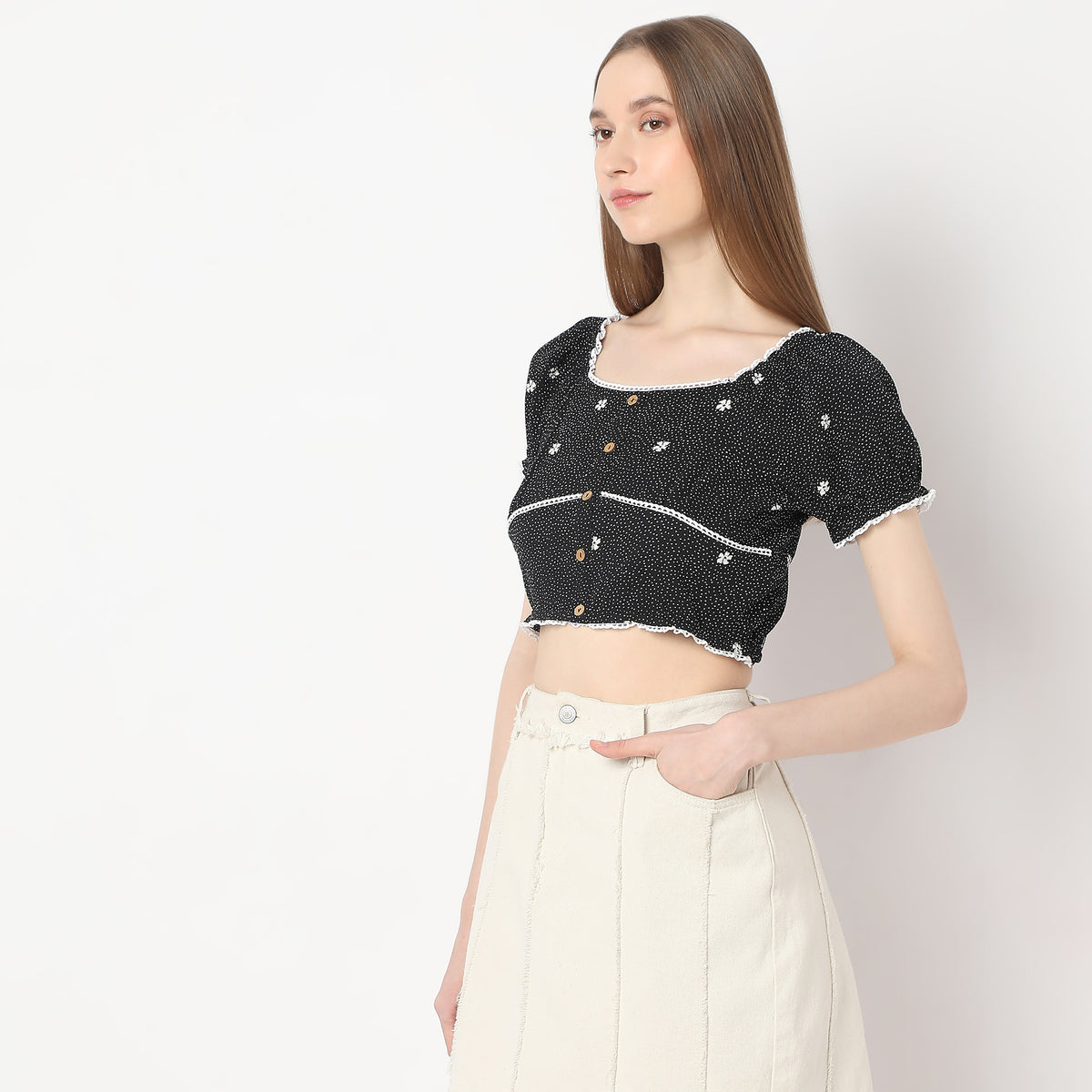 Printed Cropped Puff Sleeve Smock Crop Top