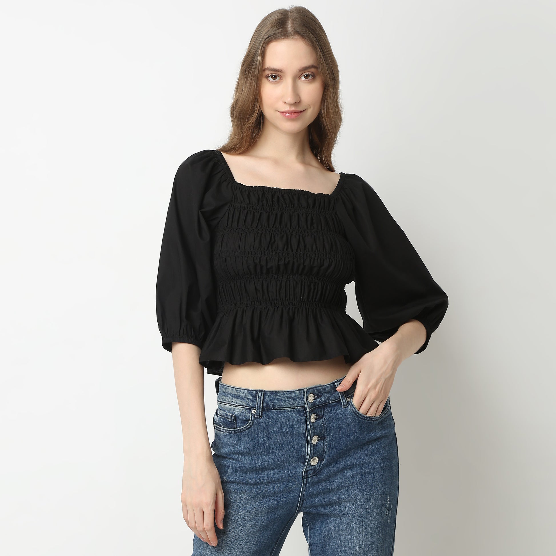 Regular Fit Solid Square Neck Crop Top