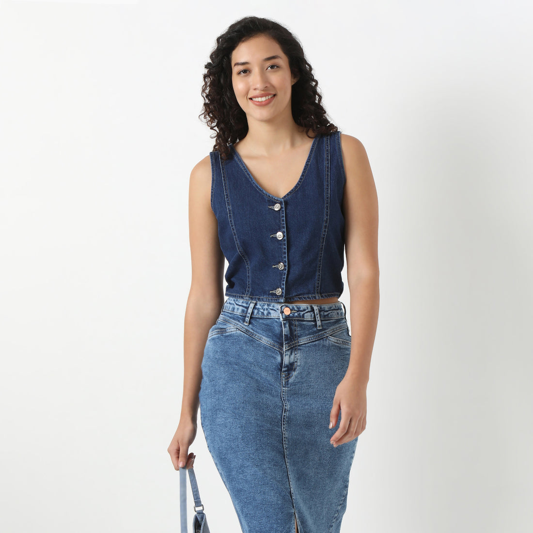 Denim Basic Waistcoat with Metal Button Closure