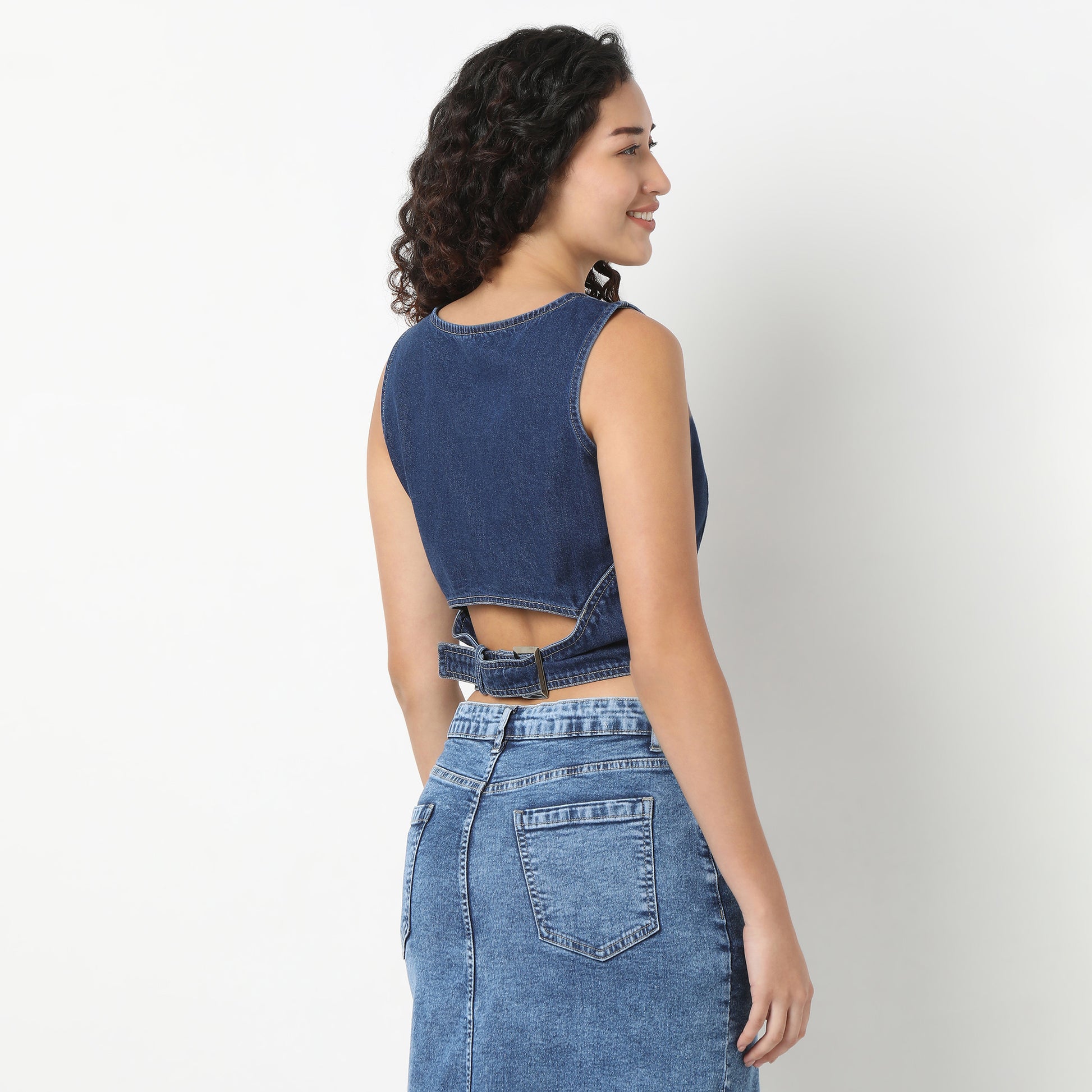 Denim Basic Waistcoat with Metal Button Closure