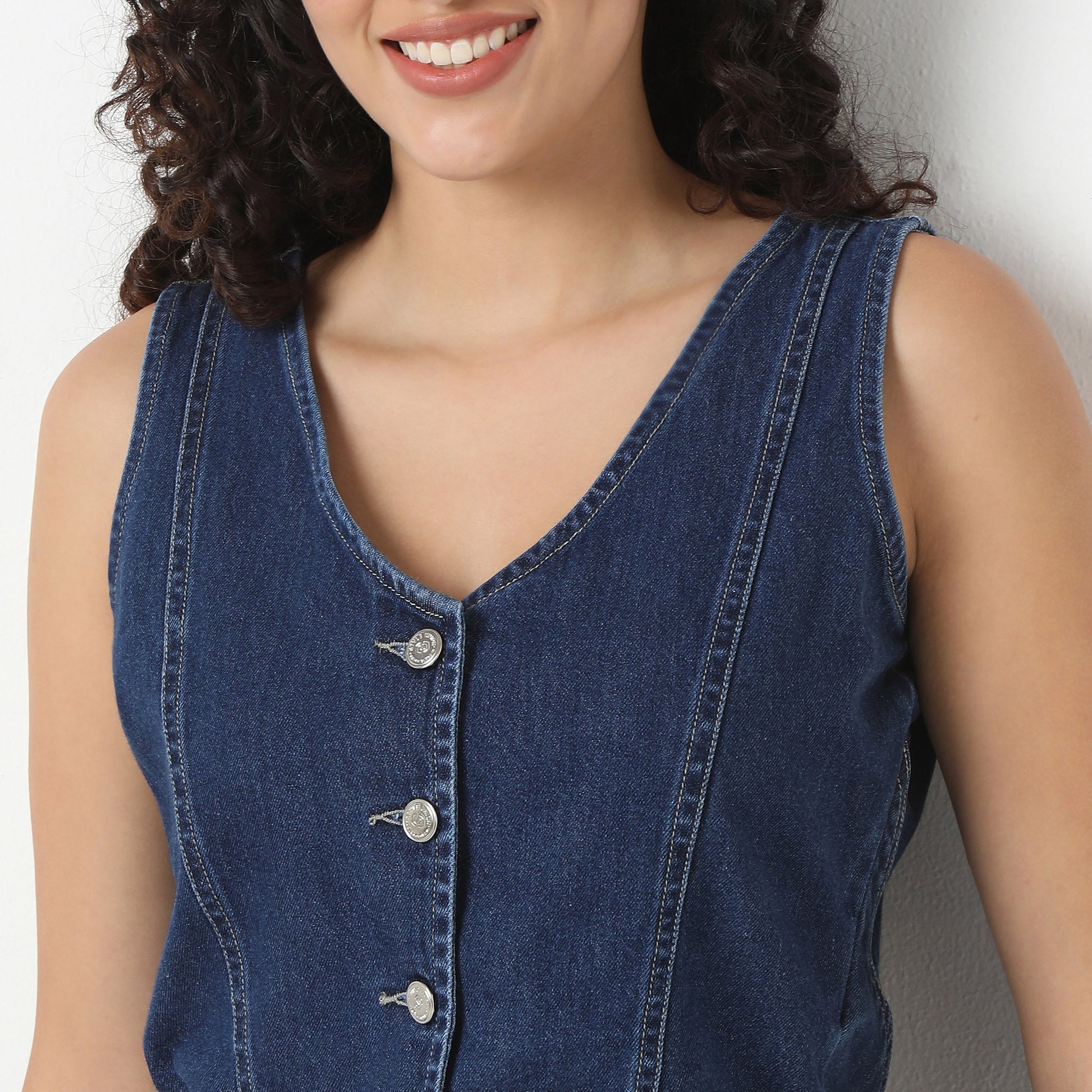 Denim Basic Waistcoat with Metal Button Closure