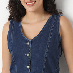 Denim Basic Waistcoat with Metal Button Closure