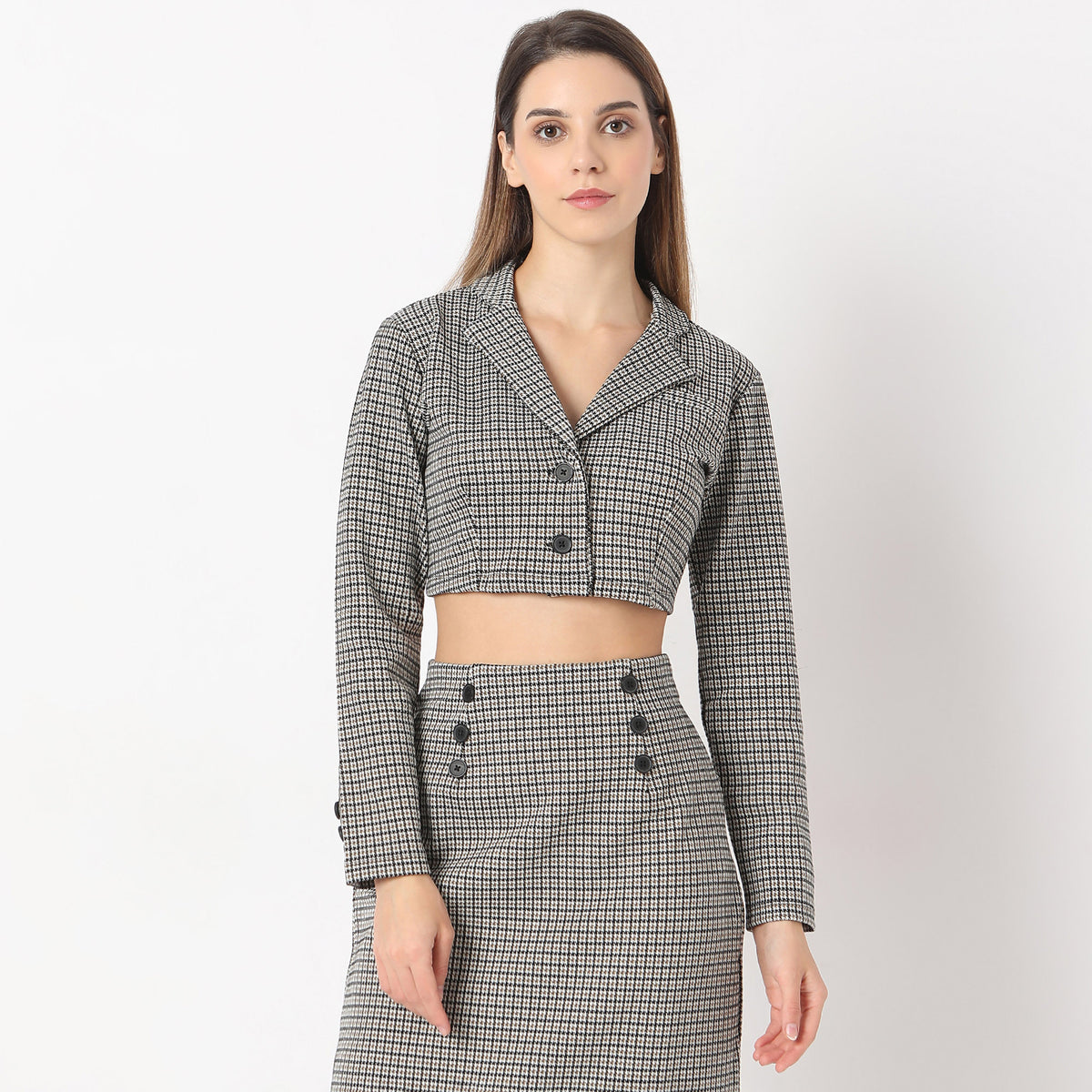 Checkered Lapel Collar Betty Full Sleeve Top