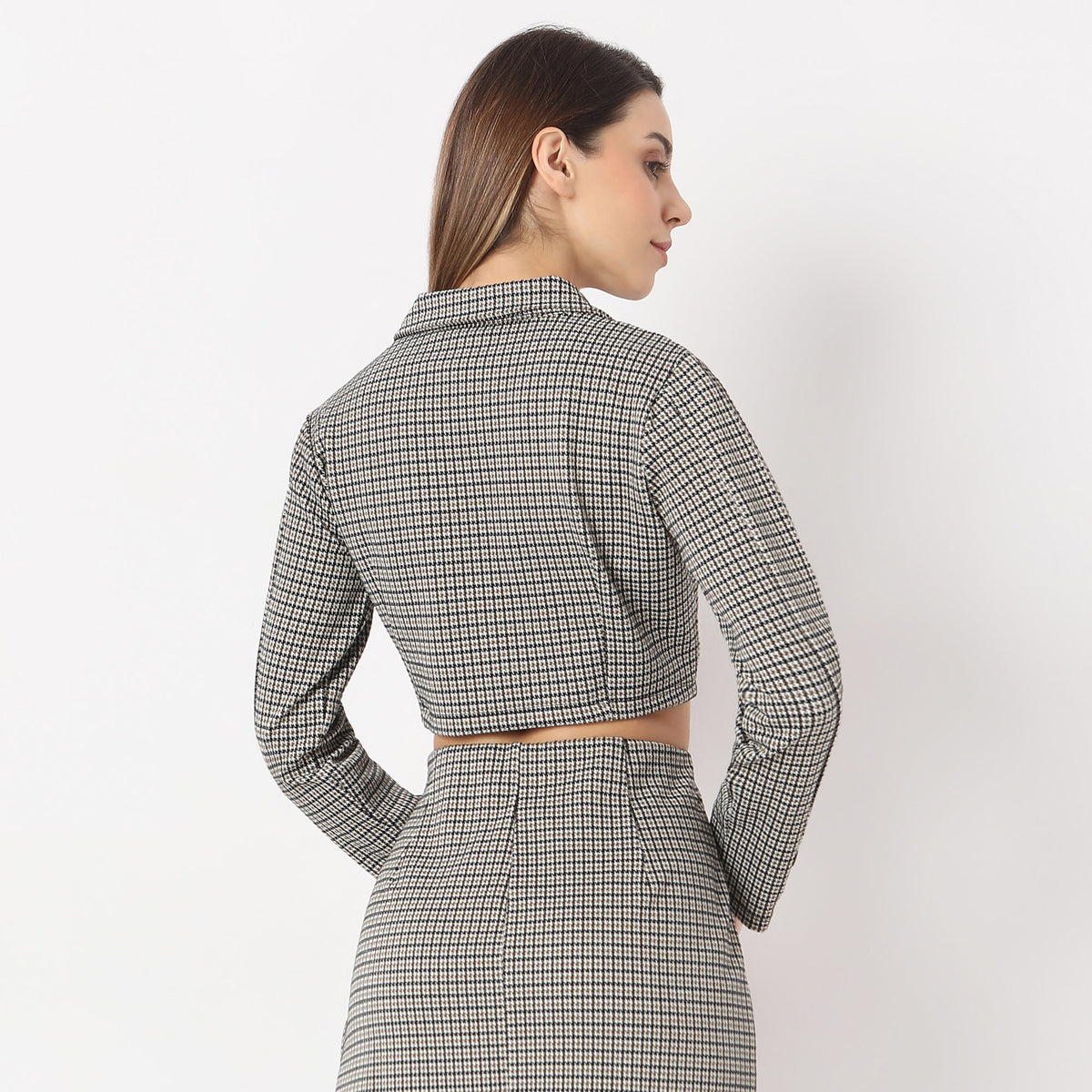 Checkered Lapel Collar Betty Full Sleeve Top