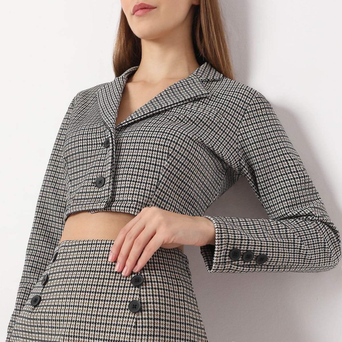 Checkered Lapel Collar Betty Full Sleeve Top