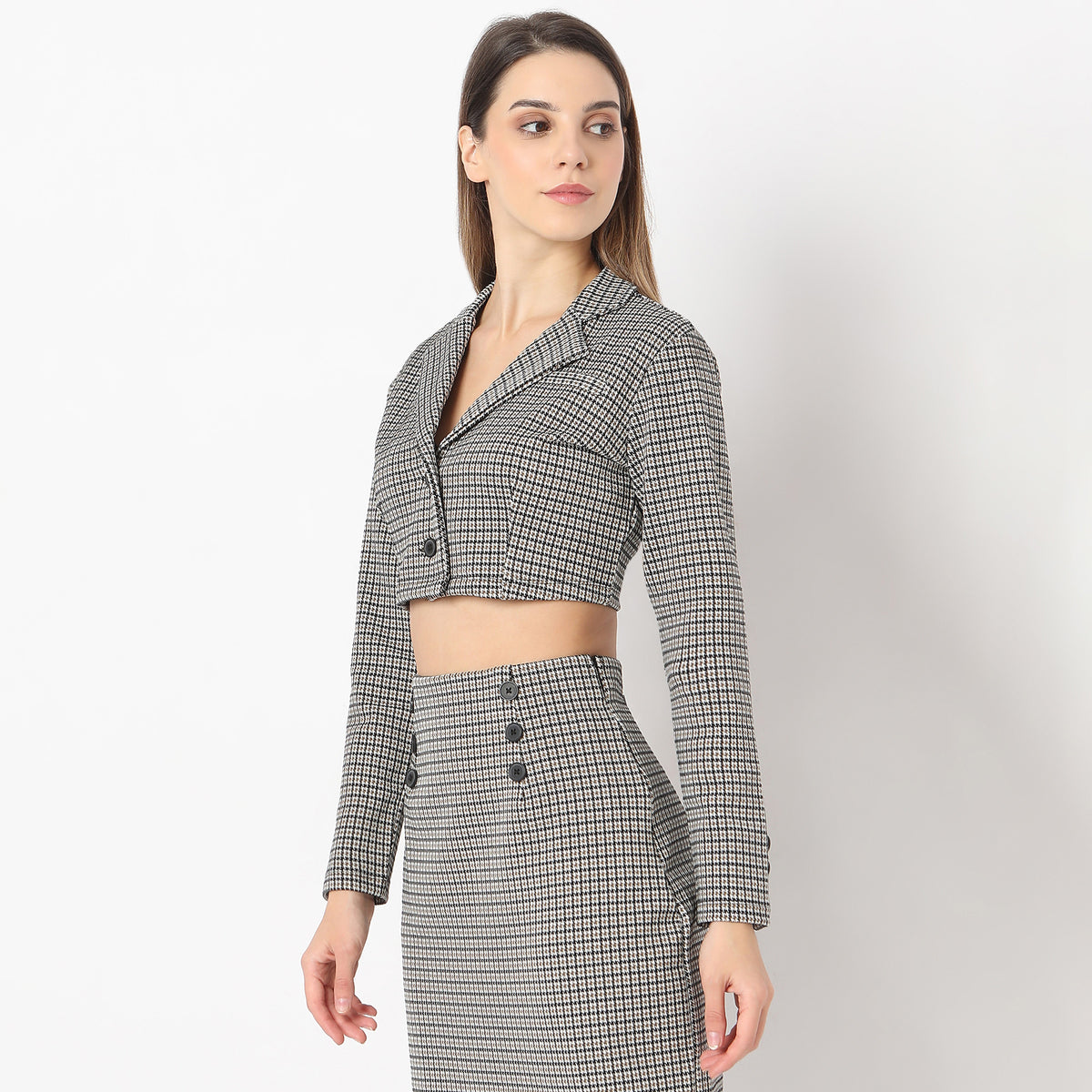 Checkered Lapel Collar Betty Full Sleeve Top