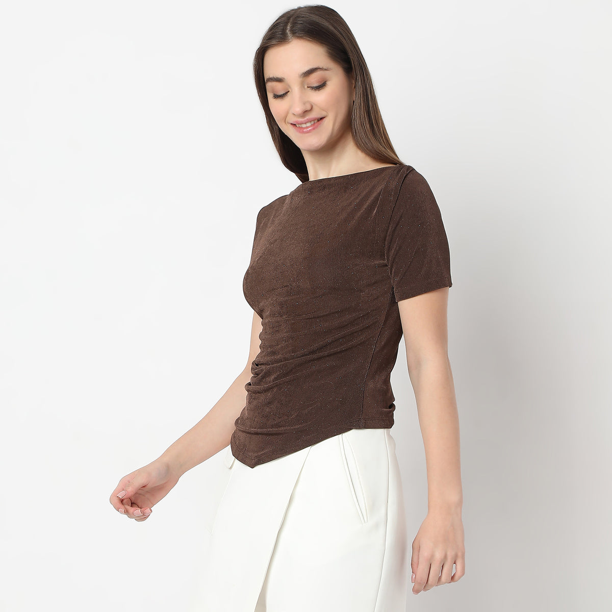 Cowl Neck Short Sleeve Asymmetrical Hemline Party Top