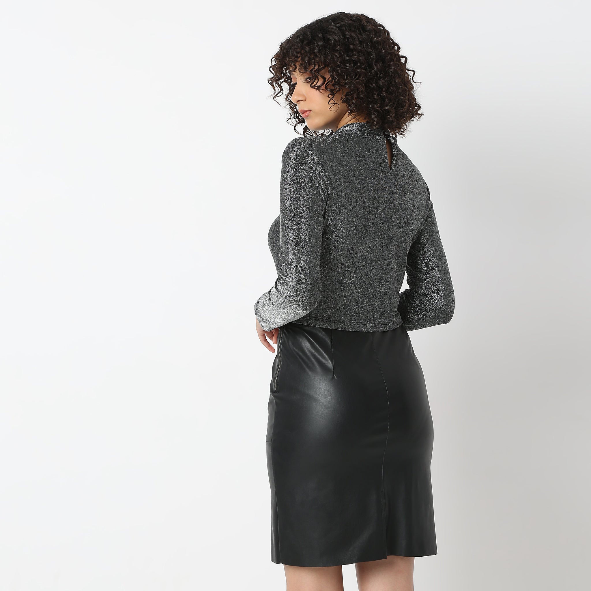 Mock Neck Full Sleeve Shimmer Sheath Fitted Top – Style Union