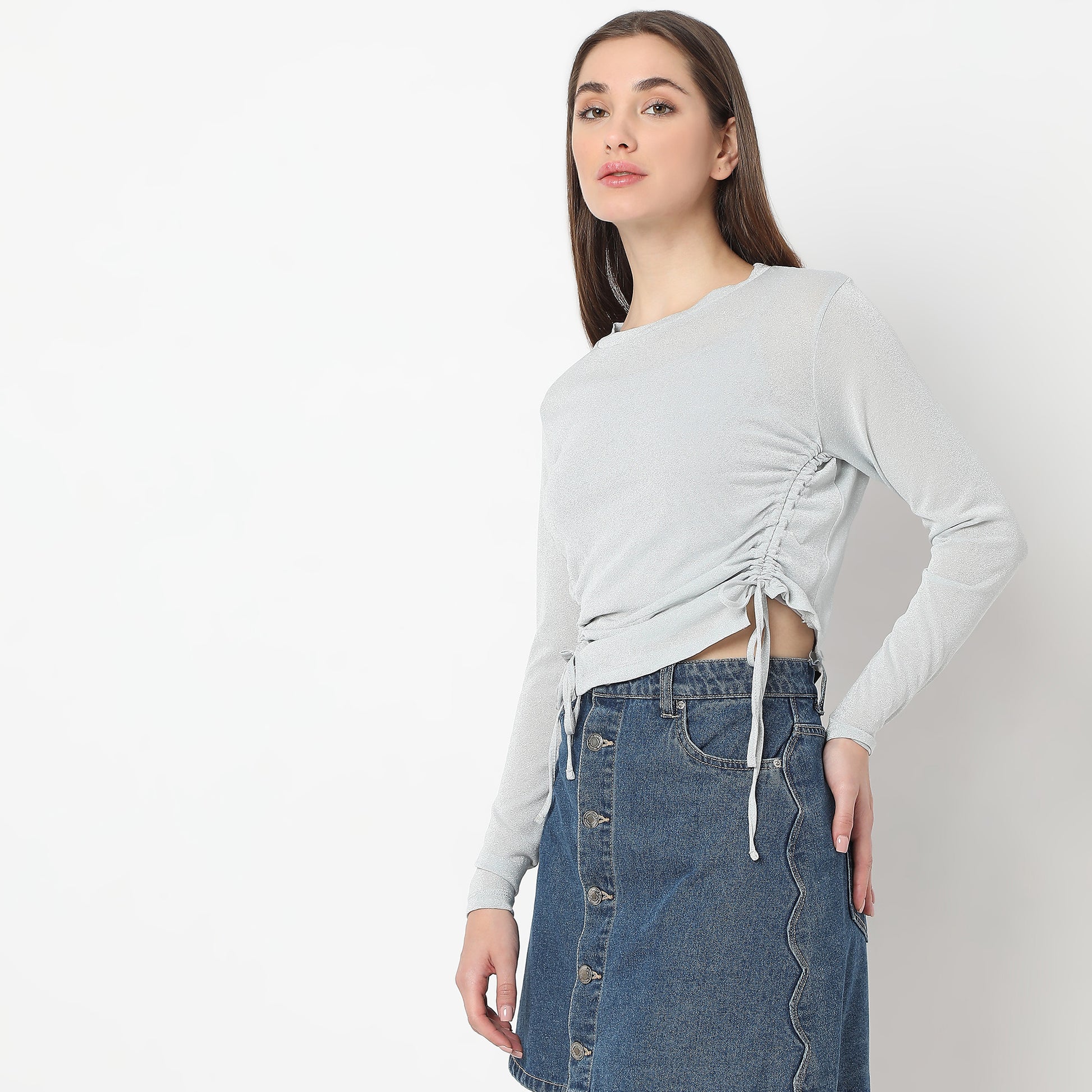 Full Sleeve Fitted Shimmer Sheith Ruched Party Top