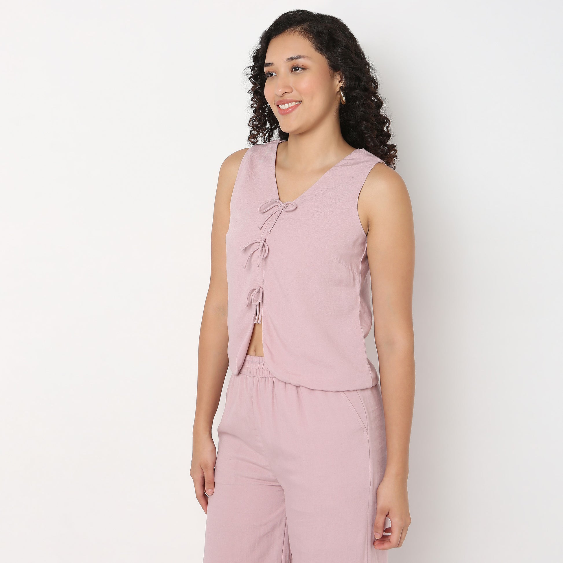 V-Neck Top With Front Tie-Up Detail