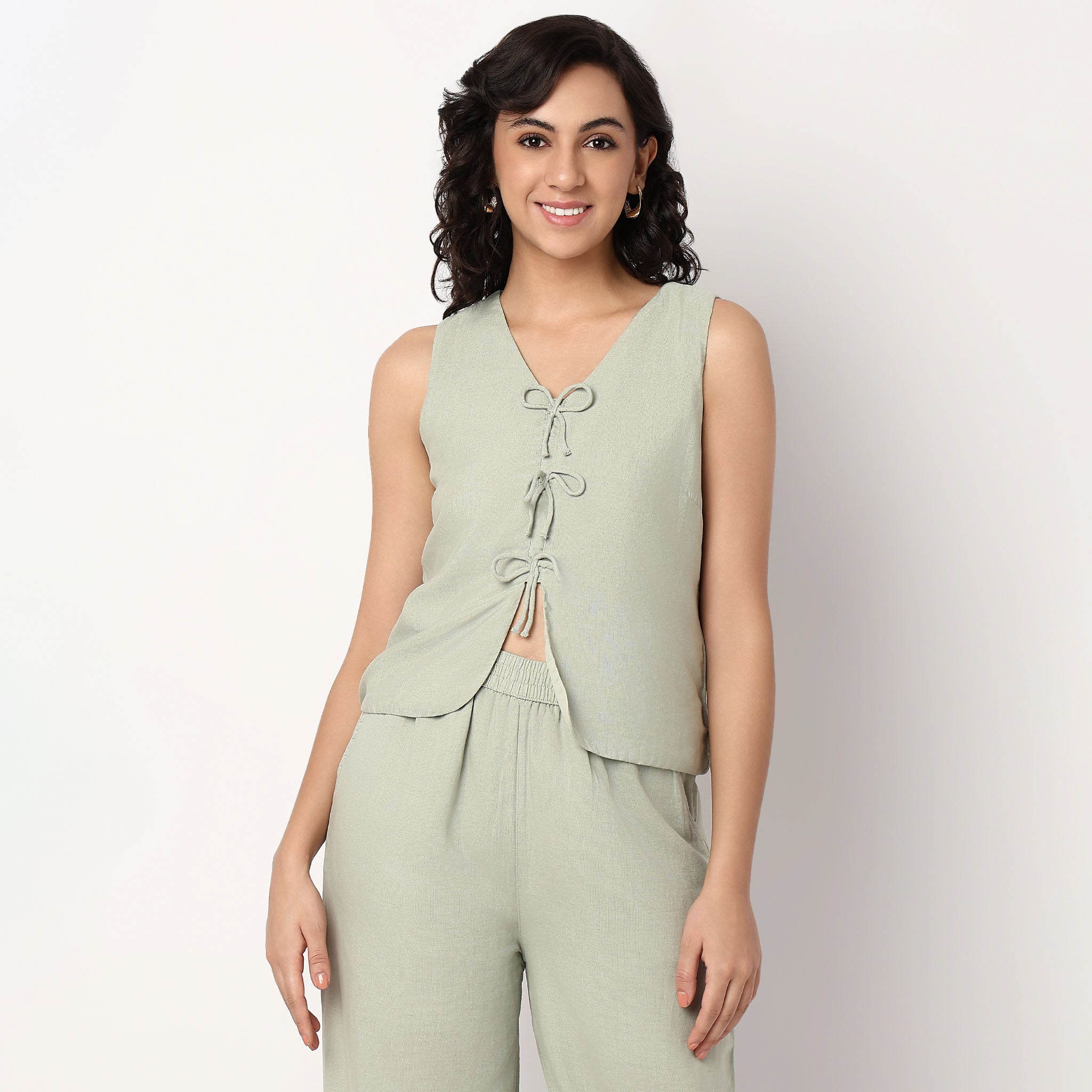 V-Neck Top With Front Tie-Up Detail