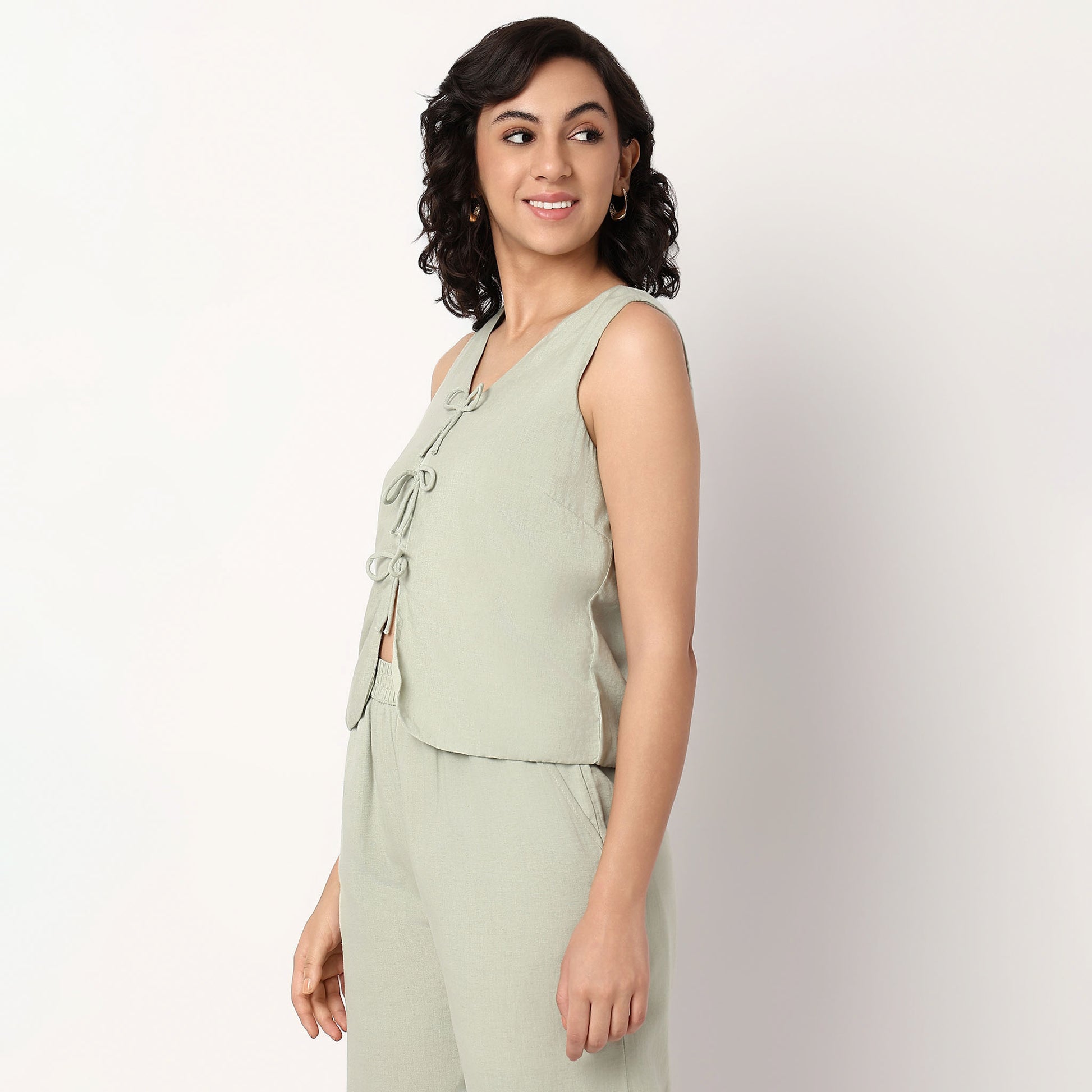 V-Neck Top With Front Tie-Up Detail