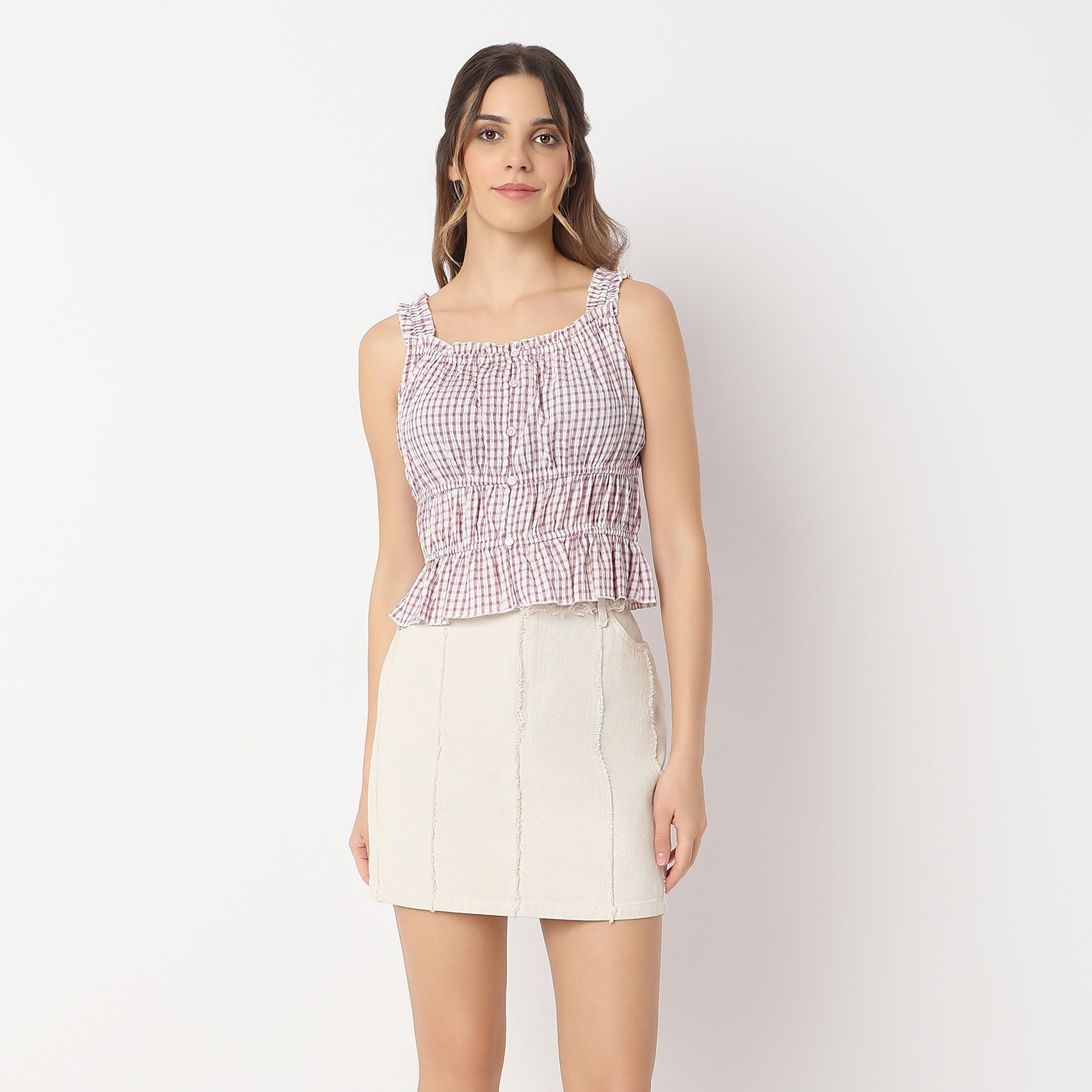 Checkered Square Neck Betty Sleeveless Top