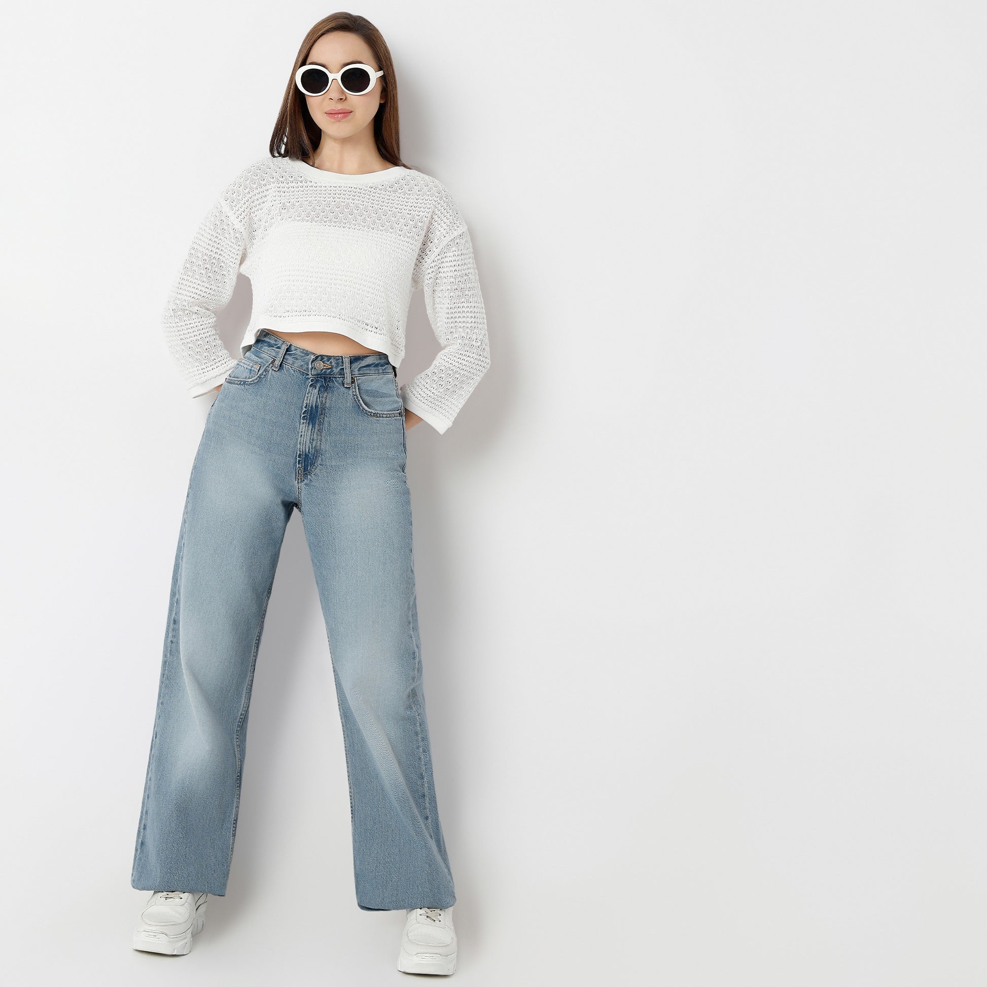 Boxy Fit Solid Round Neck Top