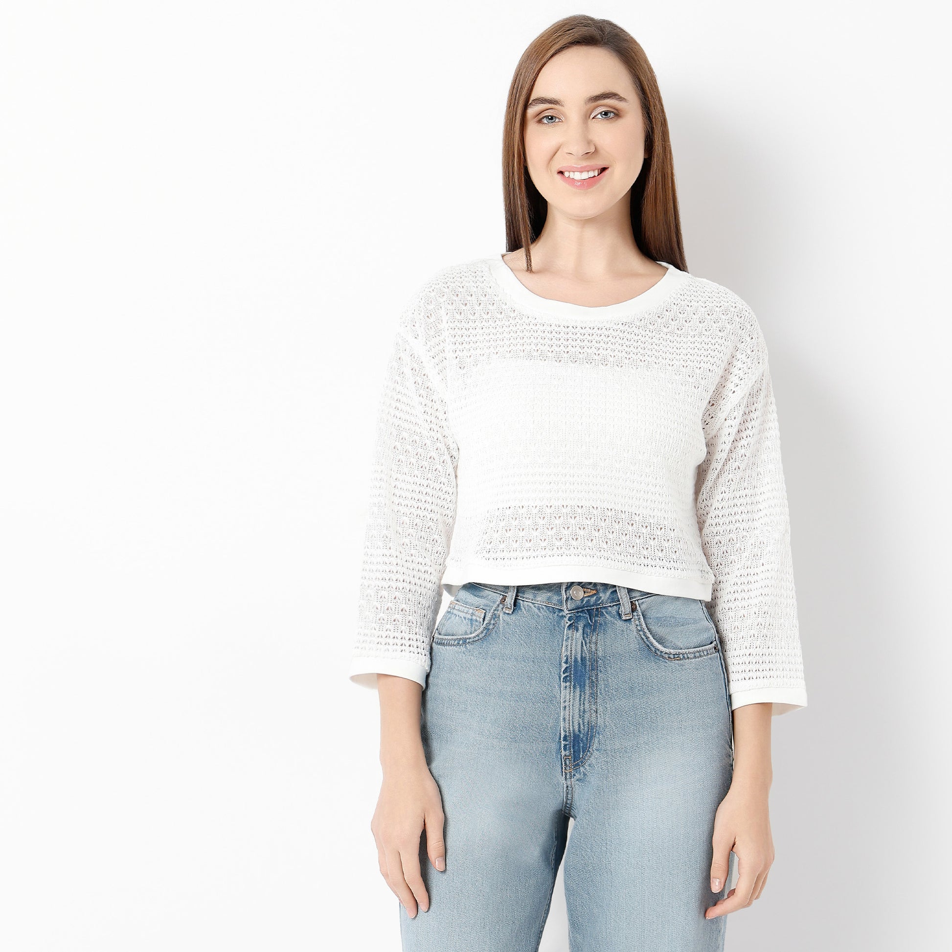 Boxy Fit Solid Round Neck Top