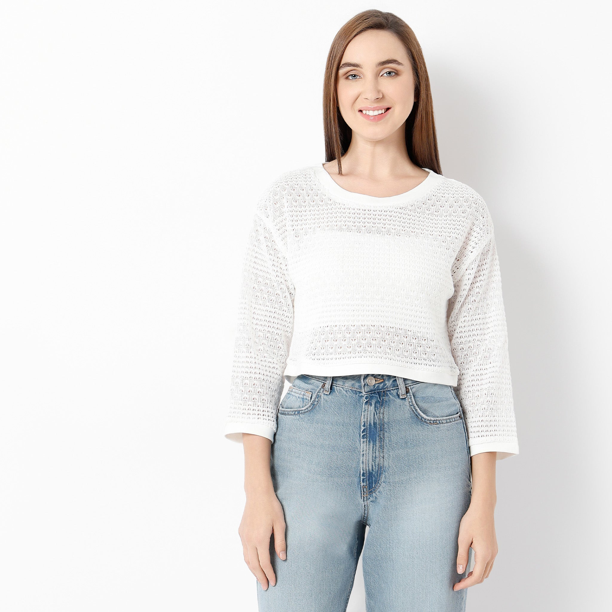 Boxy Fit Solid Round Neck Top