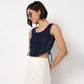 Denim Knit Top With Side Cross Strap Look