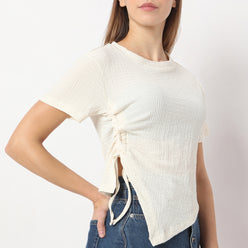 Regular Fit Solid Cropped Betty Short Sleeve Top with Ruching