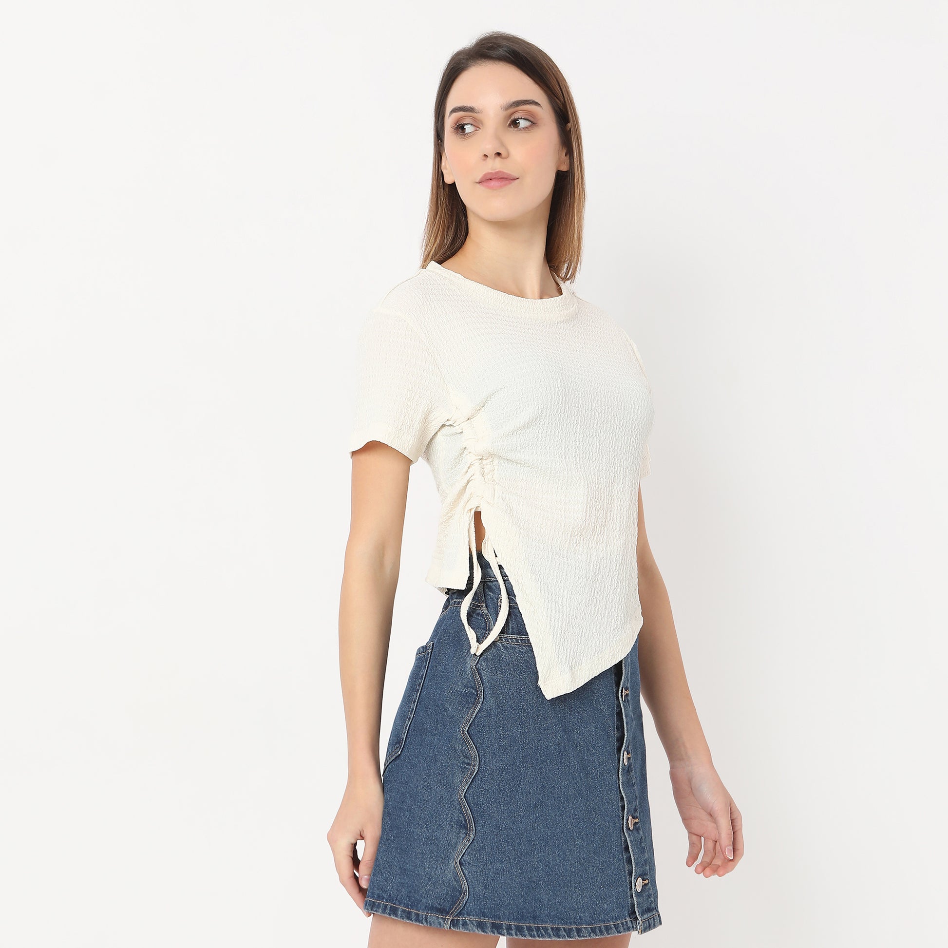 Regular Fit Solid Cropped Betty Short Sleeve Top with Ruching