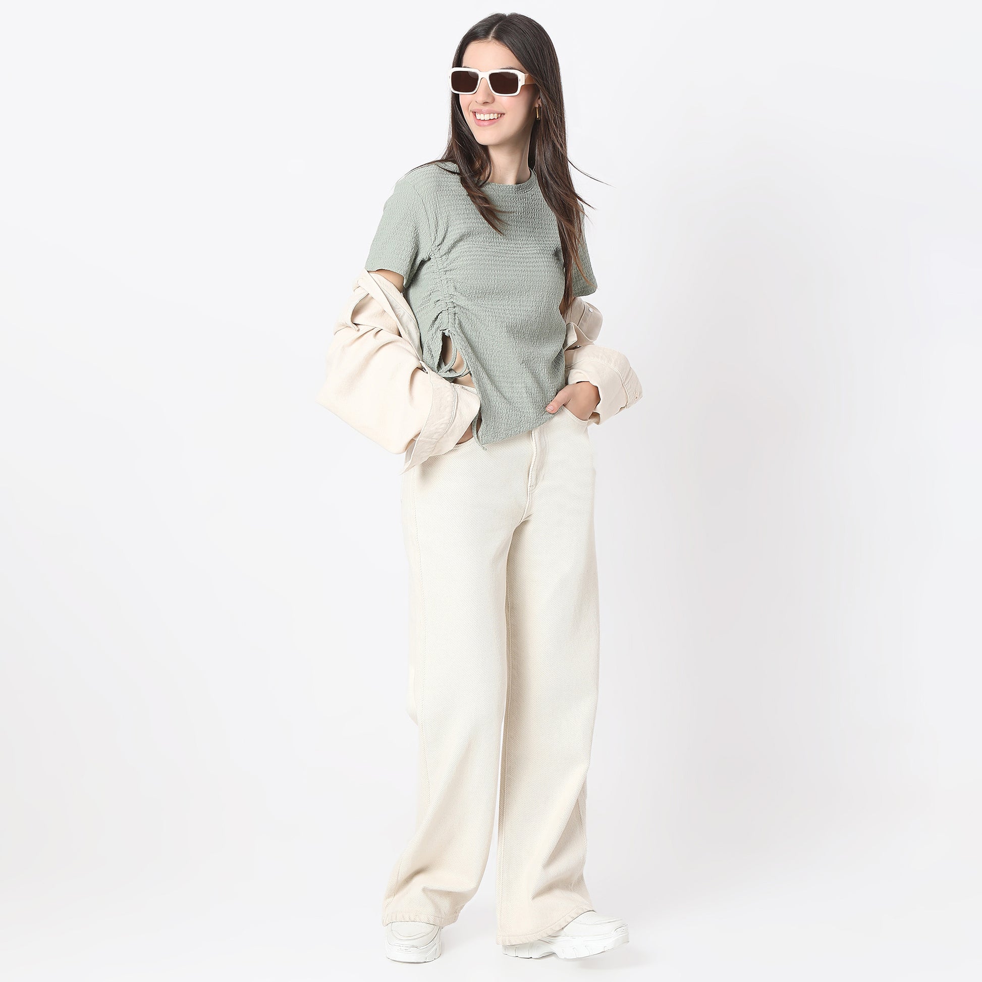 Regular Fit Solid Cropped Betty Short Sleeve Top with Ruching