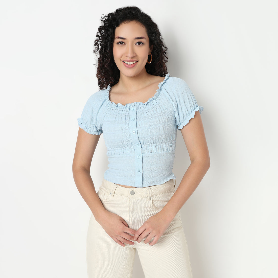 Smocking Detail Square Neck Cropped Top