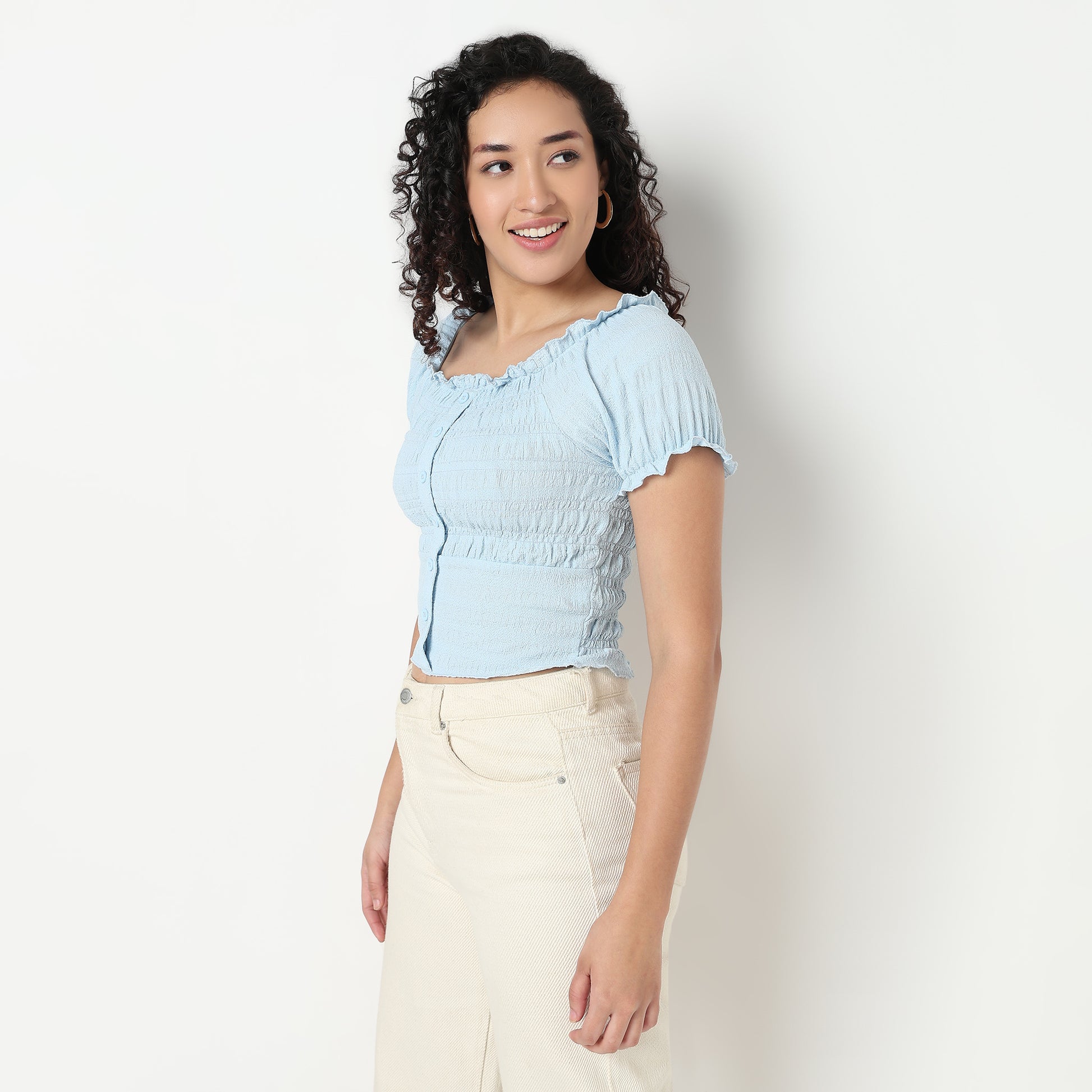 Buy Women Slim Fit Structured Puff Sleeve Top  - Style Union