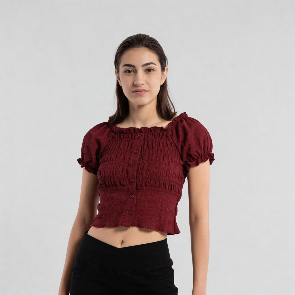 Smocking Detail Square Neck Cropped Top