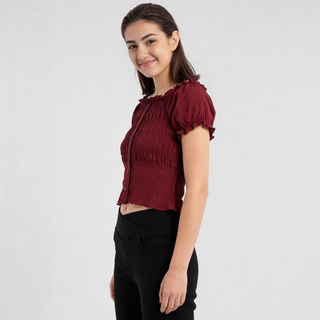 Smocking Detail Square Neck Cropped Top