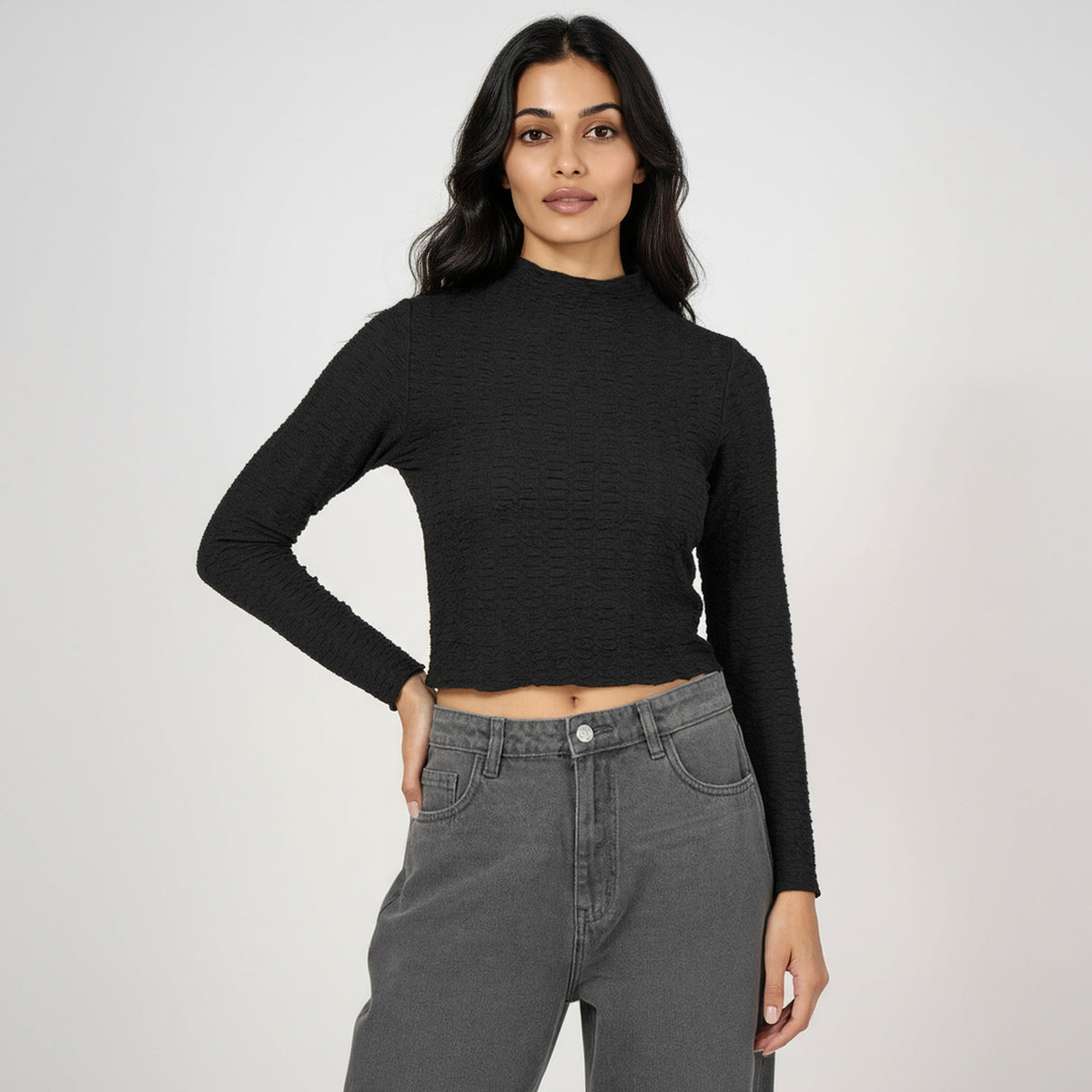 Mock Neck Full Sleeves Crop Top