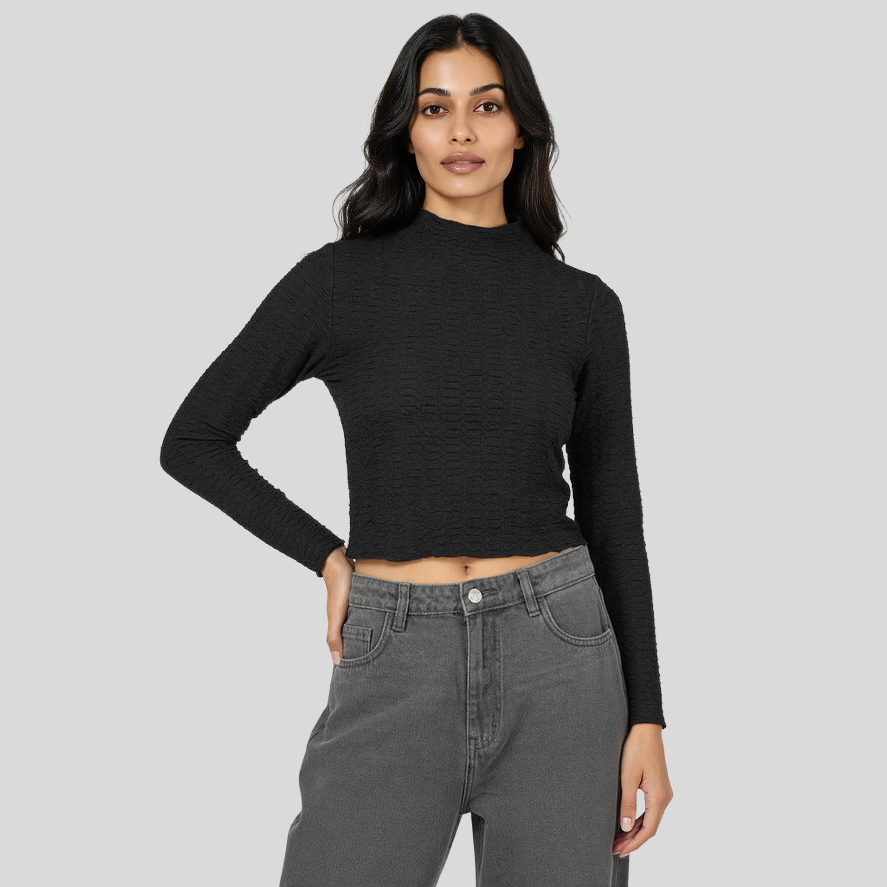 Mock Neck Full Sleeves Crop Top