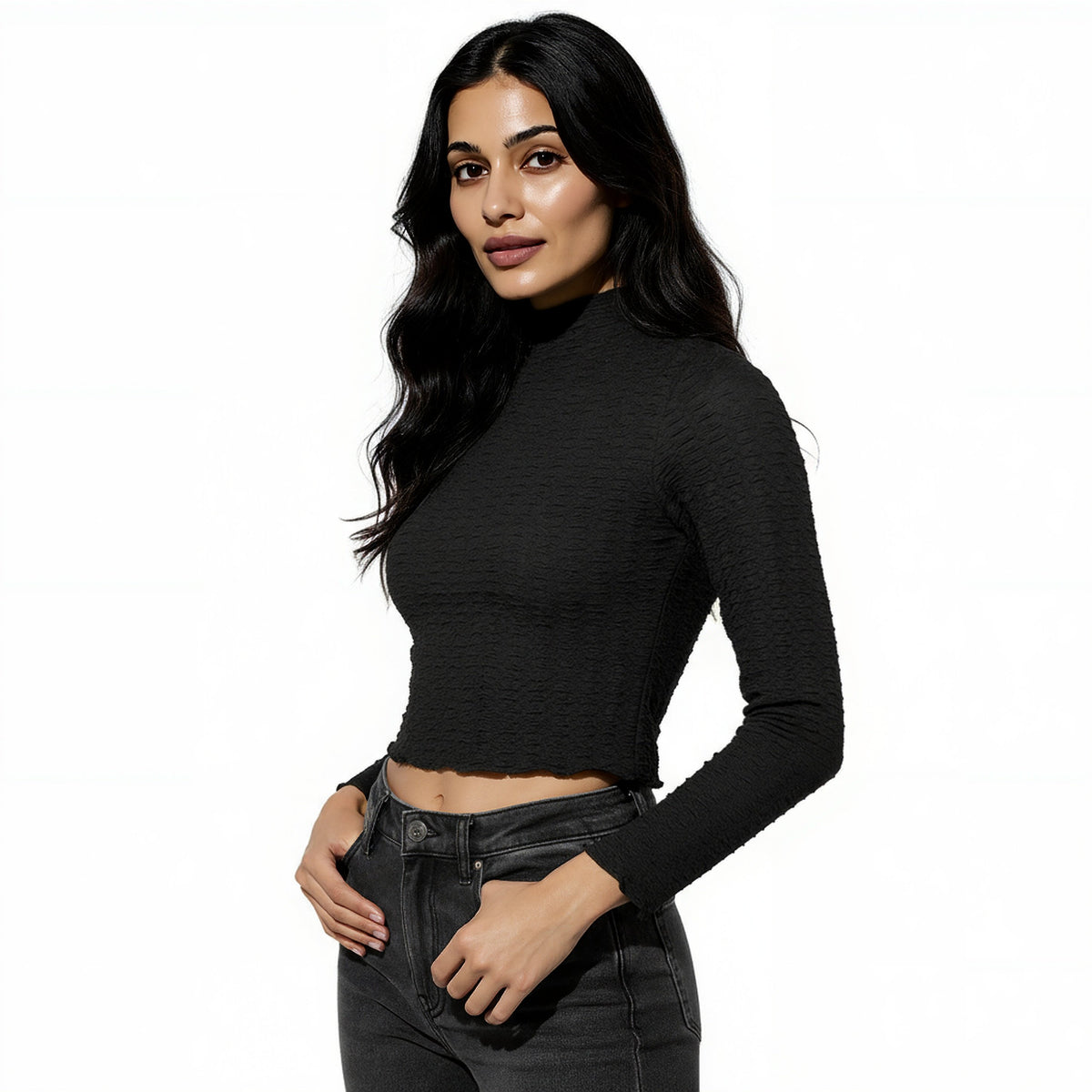 Mock Neck Full Sleeves Crop Top