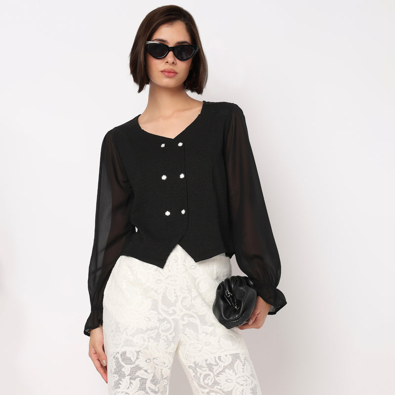 V-Neck Double Breasted Top With Korean Buttons