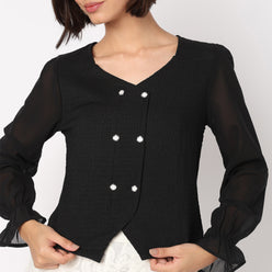 V-Neck Double Breasted Top With Korean Buttons