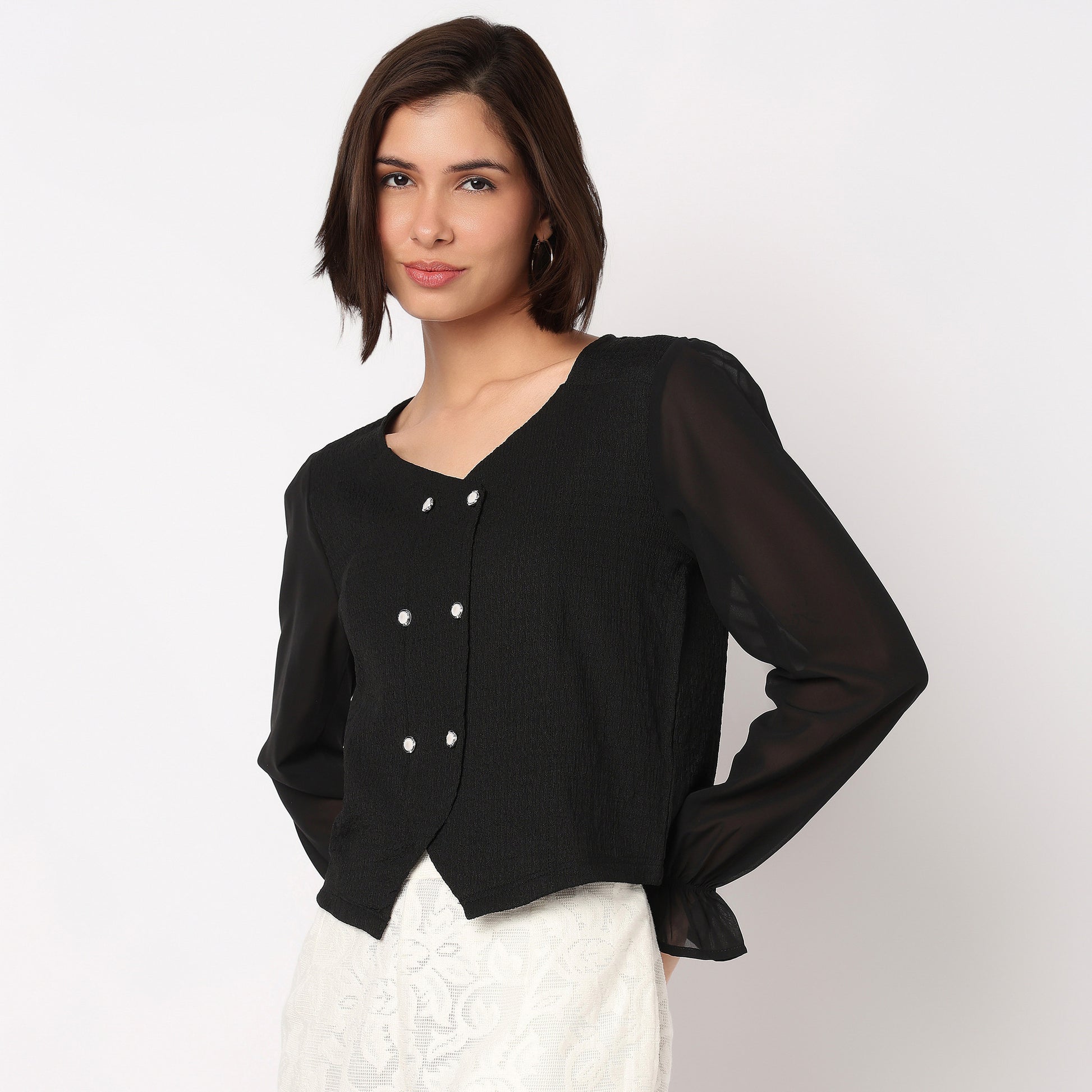 V-Neck Double Breasted Top With Korean Buttons