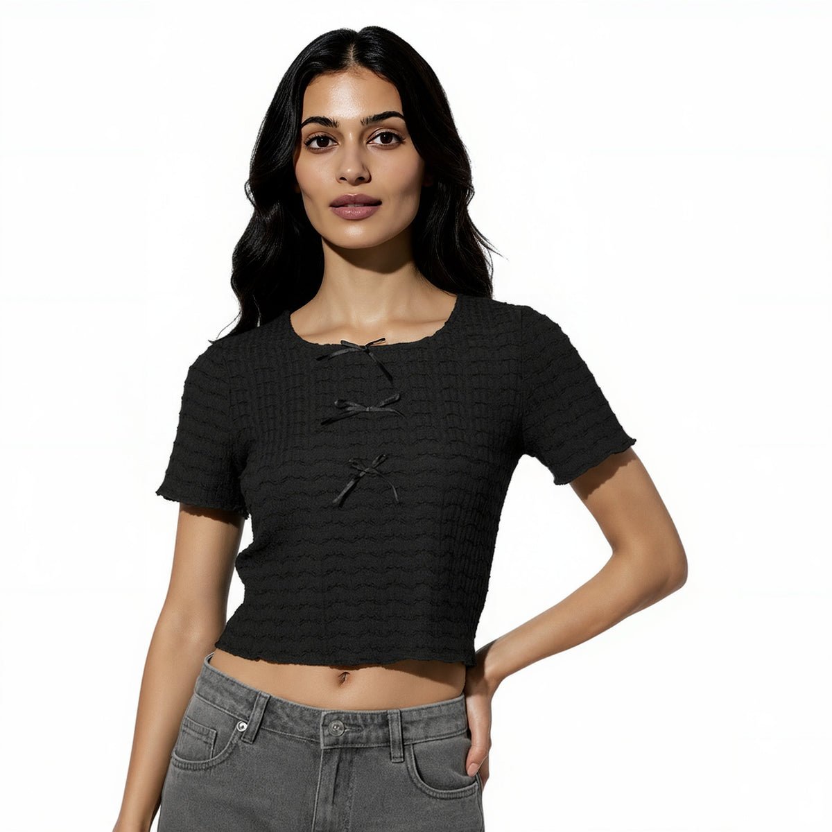 Structured Crop Top With Bows At Centre