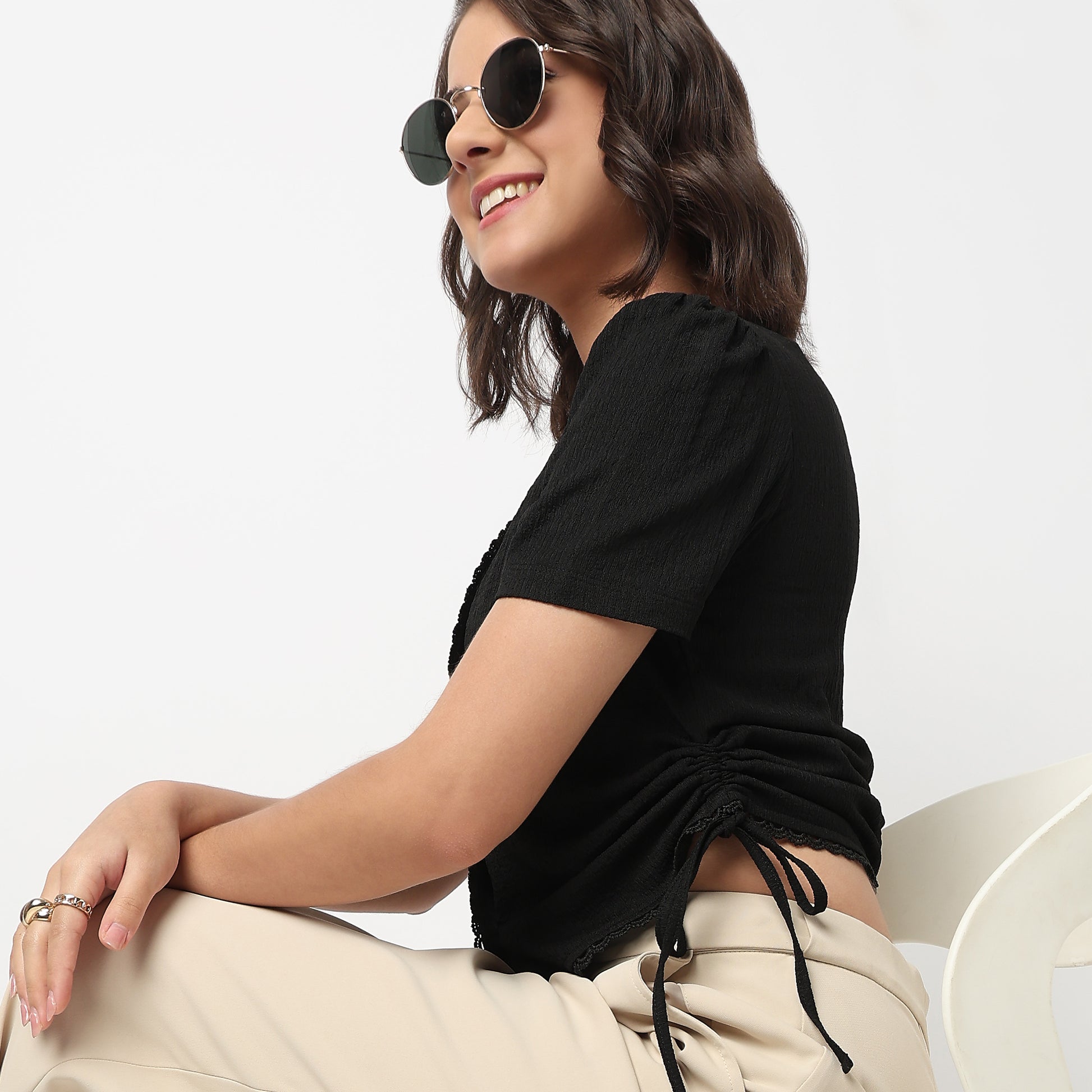 V-Neck Top With Front Button Opening And Side Ruching