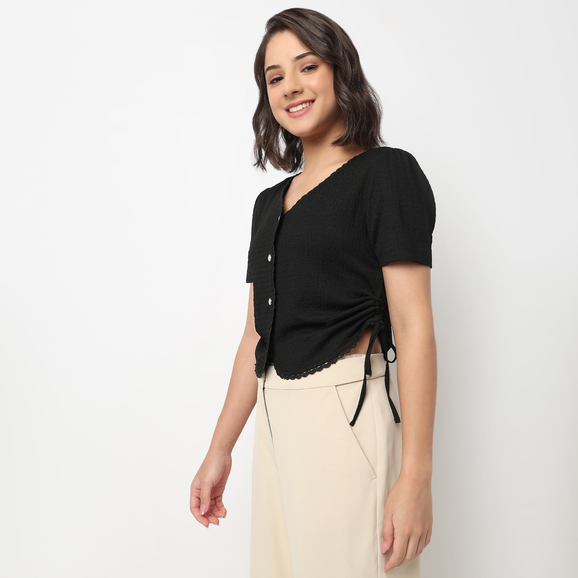 V-Neck Top With Front Button Opening And Side Ruching