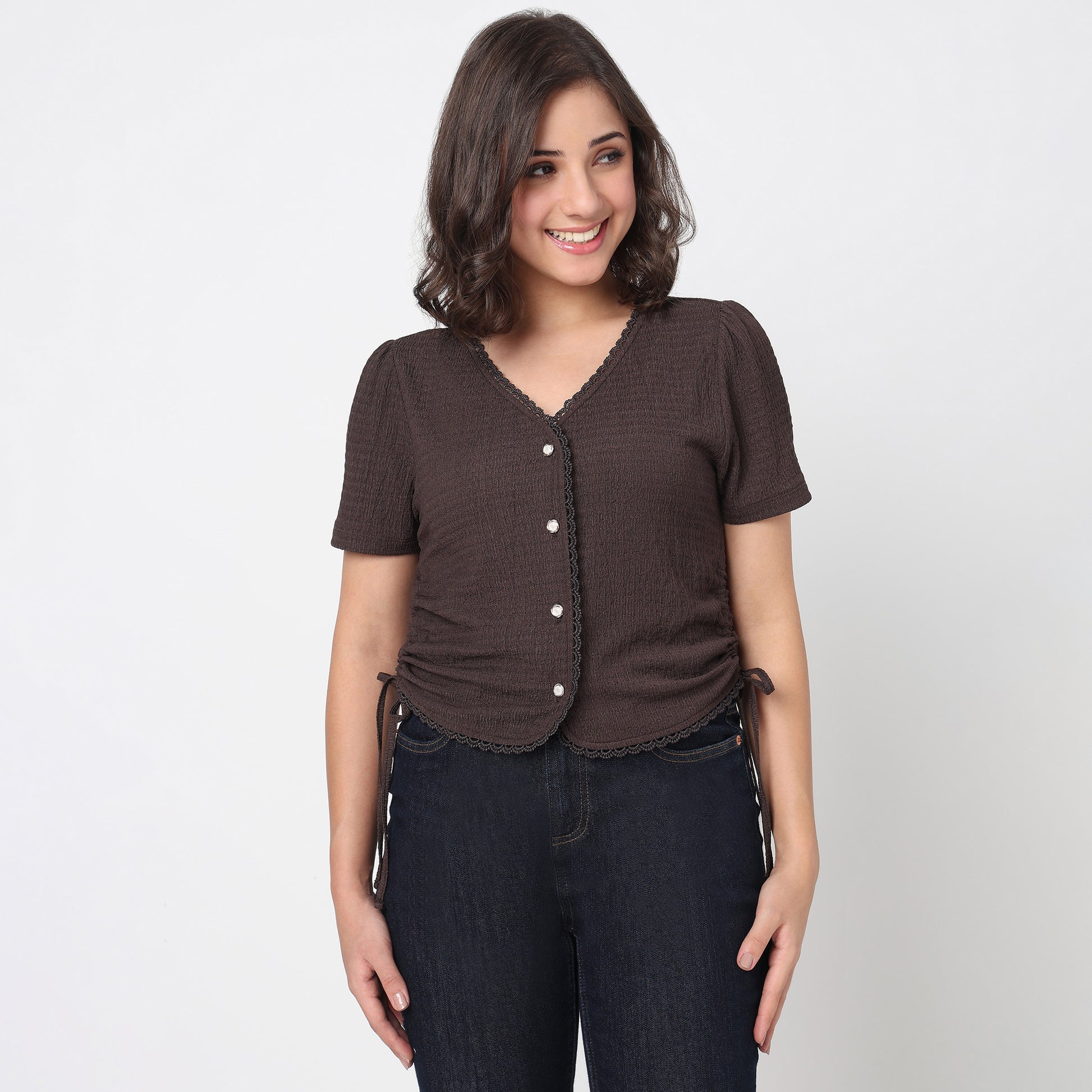 V-Neck Top With Front Button Opening And Side Ruching
