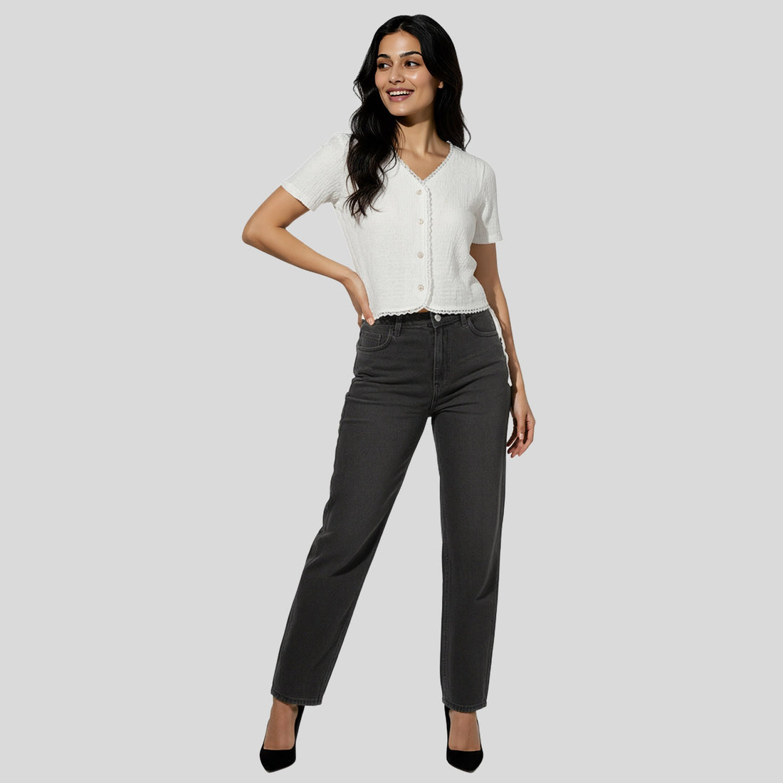 V-Neck Top With Front Button Opening And Side Ruching