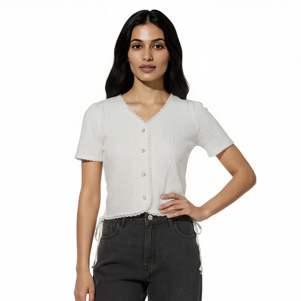 V-Neck Top With Front Button Opening And Side Ruching