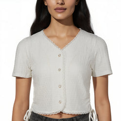 V-Neck Top With Front Button Opening And Side Ruching